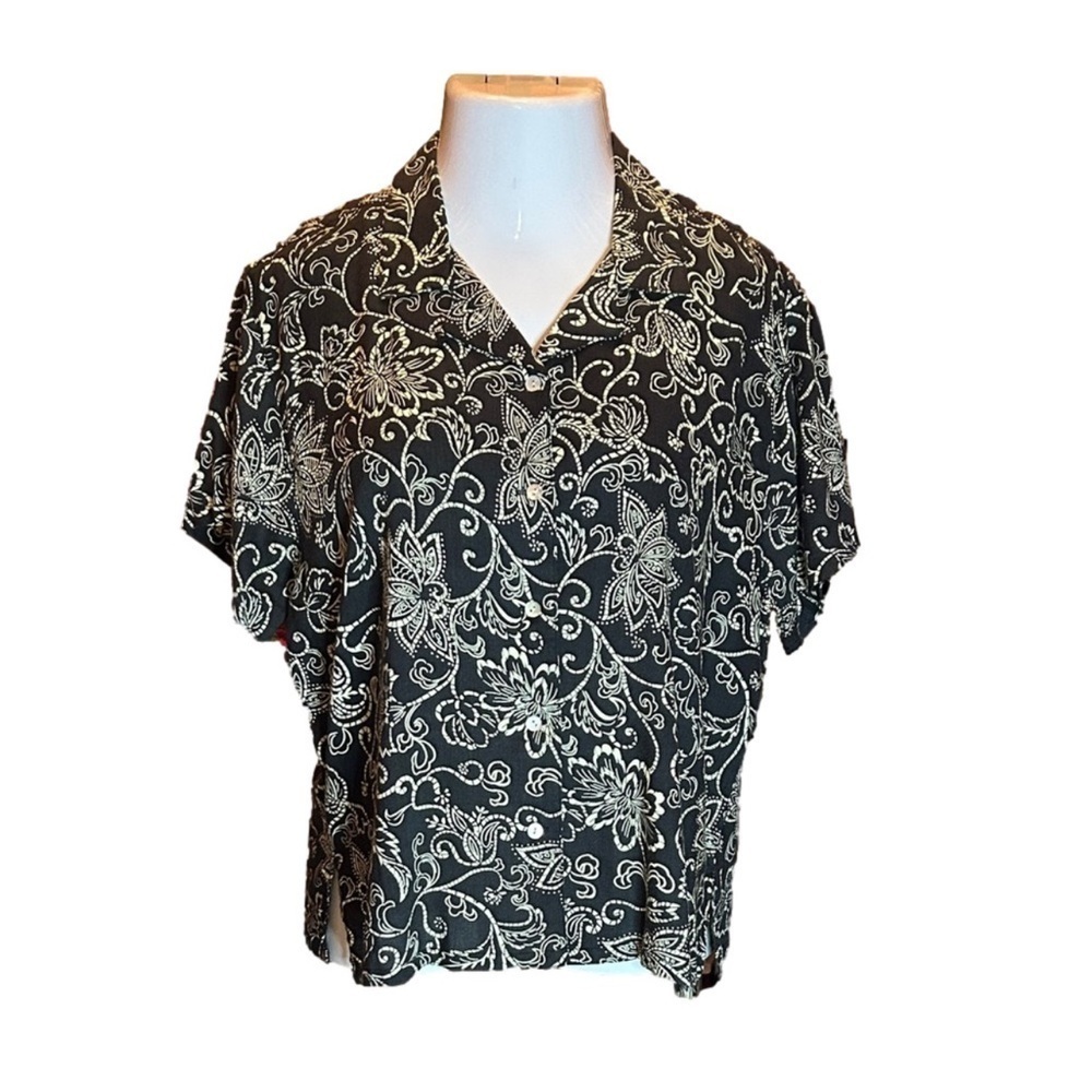 ALLYSON WHITMORE PETITE Black & Cream Print Button Up Blouse Size PL